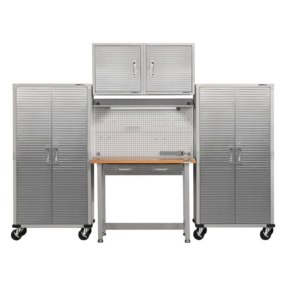 Seville Classics UltraHD 5-Piece Steel Garage Cabinet Storage Set With Pegboard Workbench, 10' Wide