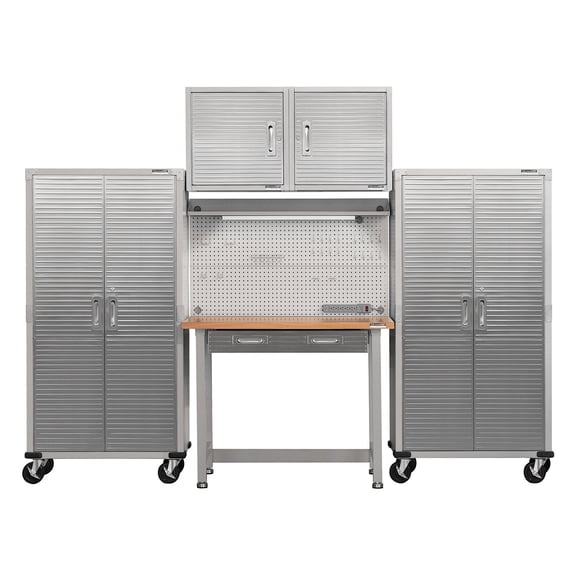 Seville Classics UltraHD 5-Piece Steel Garage Cabinet Storage Set With Pegboard Workbench, 10' Wide