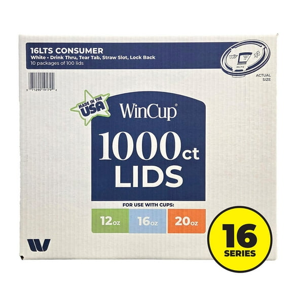 WinCup Lids with Drink Thru Tear Back and Straw Slot, 16 Series, White, 12 oz.-20 oz., 1000 ct.