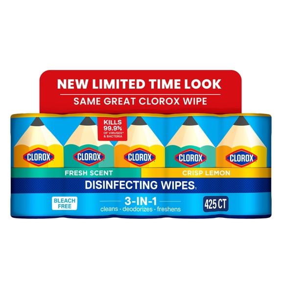 Clorox Disinfecting Cleaning Wipes Limited Edition Back to School Variety Pack, Bleach Free, Fresh Scent and Crisp Lemon, Pack of 5, 425 Wipes Total
