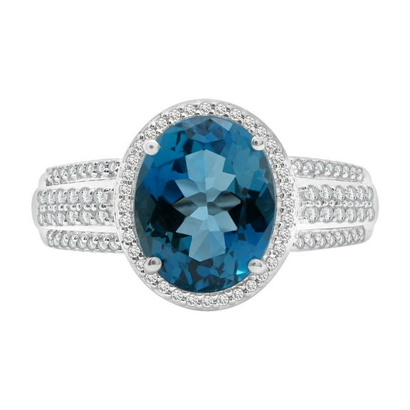Treated London Blue Topaz & Halo Diamond Ring in 14K Gold