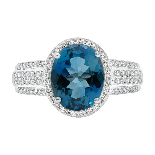 Treated London Blue Topaz & Halo Diamond Ring in 14K Gold