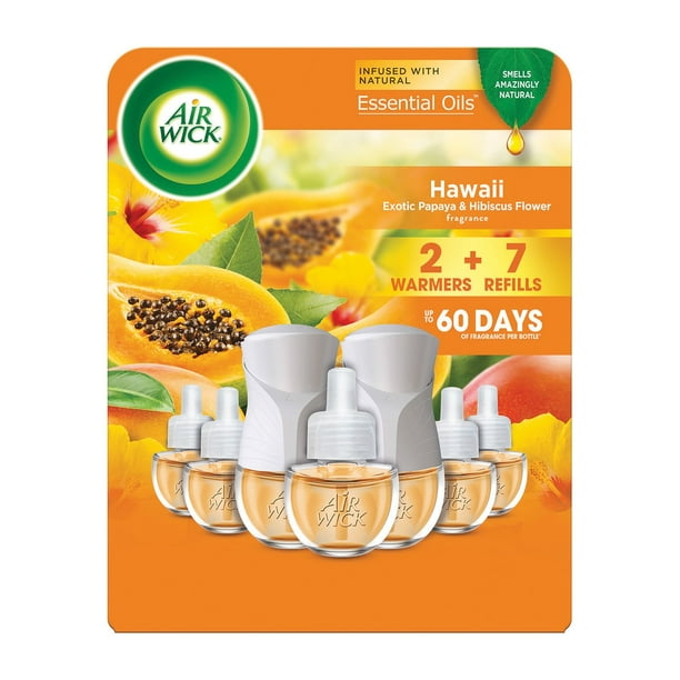 Air Wick Plug In Scented Oil Air Freshener, Hawaii Exotic Papaya & Hibiscus Flower, 2 Warmers + 7 Refills