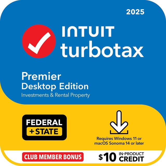 TurboTax Desktop Premier 2025 Email Delivery, Federal & State Returns + Federal E-file + $10 In-Product Credit (Win 11, Mac 14)
