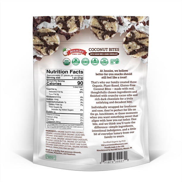 Jennies Organic Coconut Bites with Cacoa Nibs and Dark Chocolate, 0.74 oz., 27 ct