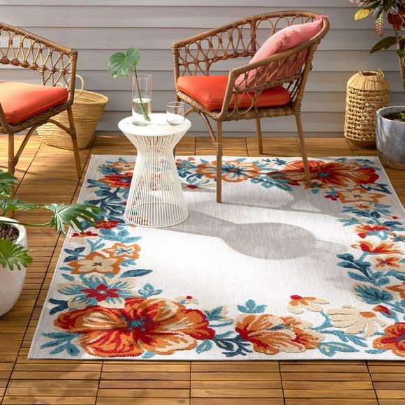 Town & Country Everyday Hibiscus Bloom Border Modern Floral Outdoor Rug