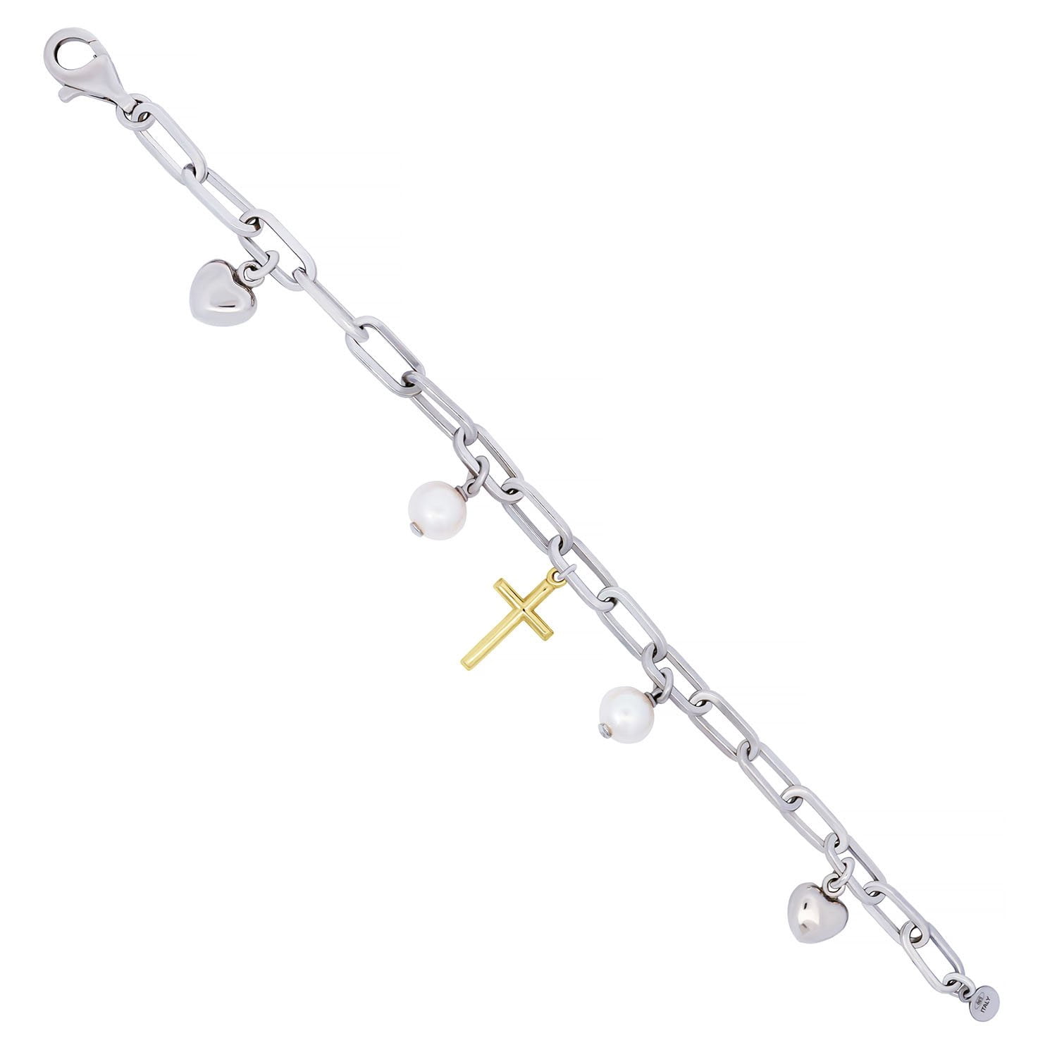 Paperclip Cross Pearl Bracelet in Italian Sterling Silver and 14K