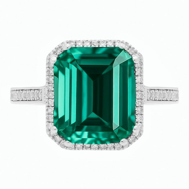 Lab Created Emerald Cut Gemstone and Diamond Ring in Sterling Silver