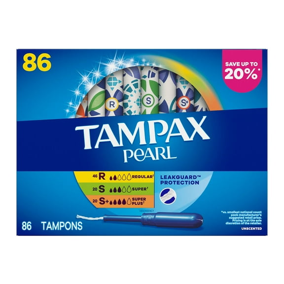 Tampax Pearl Tampons Trio Pack, Unscented, 86 ct.