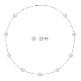 18" 6-6.5mm White Cultured Freshwater Pearl Station Necklace and Stud Earring Set in 14K Gold