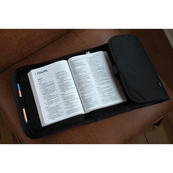 XXL Black Nylon Tri-Fold Bible Cover with Bible Study Organizer, Velcro Closure