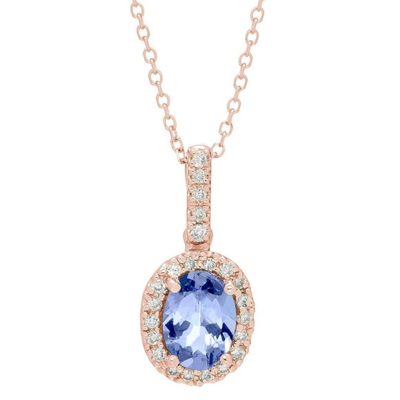 Oval Cut Genuine Gemstone & 0.11 CT. T.W. Diamond Halo Pendant Necklace in 14K Gold