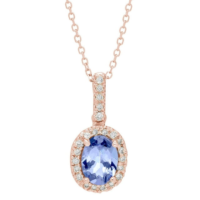 Oval Cut Genuine Gemstone & 0.11 CT. T.W. Diamond Halo Pendant Necklace in 14K Gold