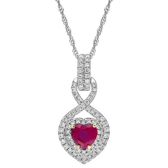 Ruby and 0.28 CT. Diamond Double Halo Infinity Heart Pendant in 14K Gold