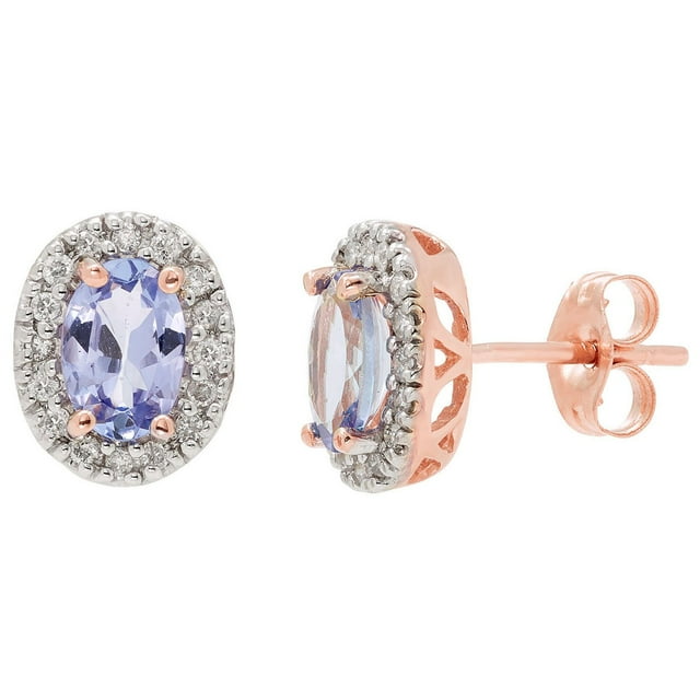 Oval Cut Genuine Gemstone & 0.16 CT.T.W. Diamond Halo Stud Earrings in 14K Gold