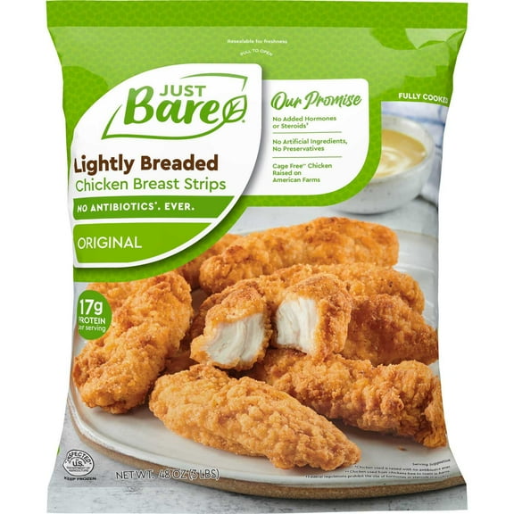 Just Bare Lightly Breaded Chicken Breast Original Strips, Frozen, 3 lbs.