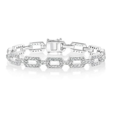 Lab Created White Sapphire Square Link Bracelet in Sterling Silver