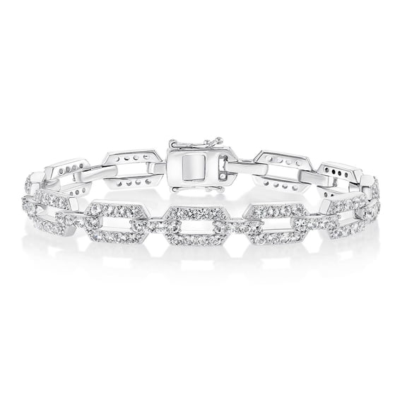 Lab Created White Sapphire Square Link Bracelet in Sterling Silver