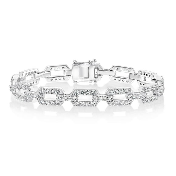 Lab Created White Sapphire Square Link Bracelet in Sterling Silver