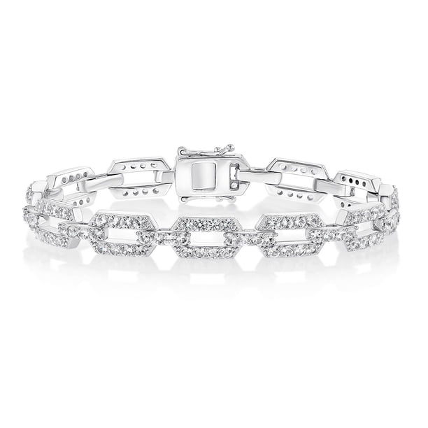 Lab Created White Sapphire Square Link Bracelet in Sterling Silver