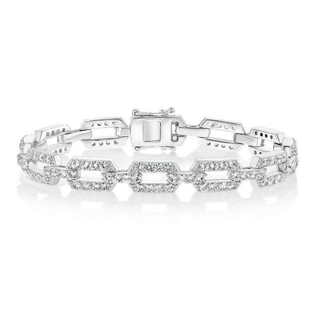 Lab Created White Sapphire Square Link Bracelet in Sterling Silver