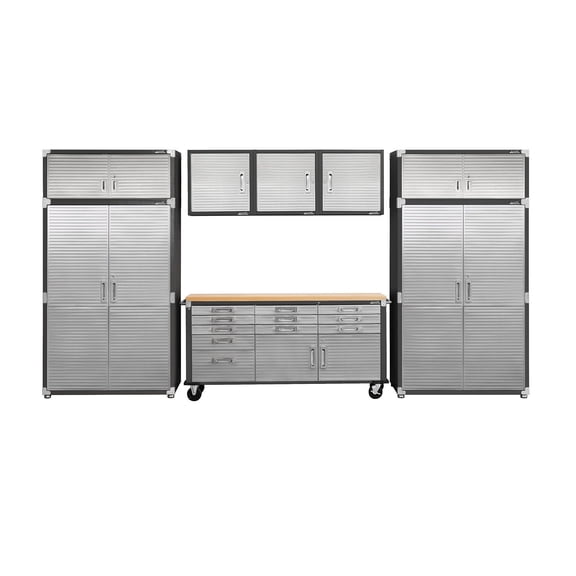 Seville Classics UltraHD 8-Piece Steel Garage Cabinet Storage Set With Rolling Workbench, 14 Feet Wide