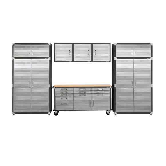 Seville Classics UltraHD 8-Piece Steel Garage Cabinet Storage Set With Rolling Workbench, 14 Feet Wide