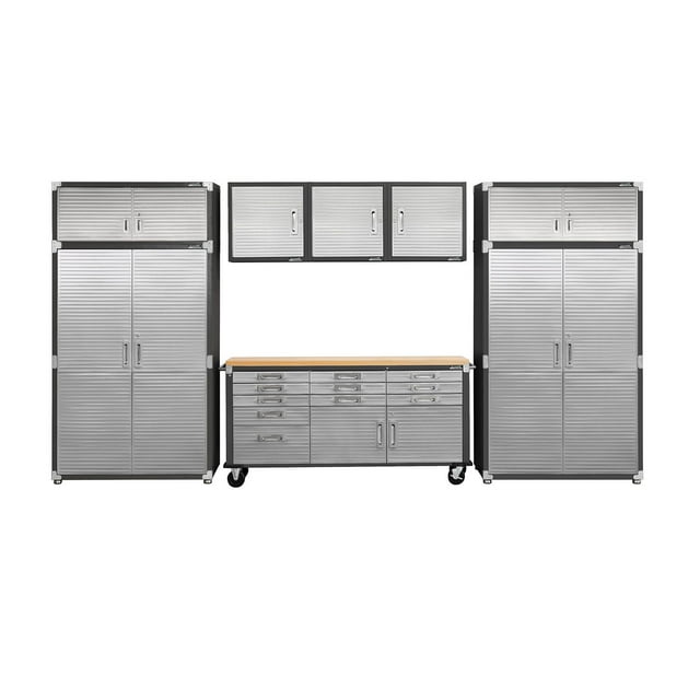 Seville Classics UltraHD 8-Piece Steel Garage Cabinet Storage Set With Rolling Workbench, 14 Feet Wide