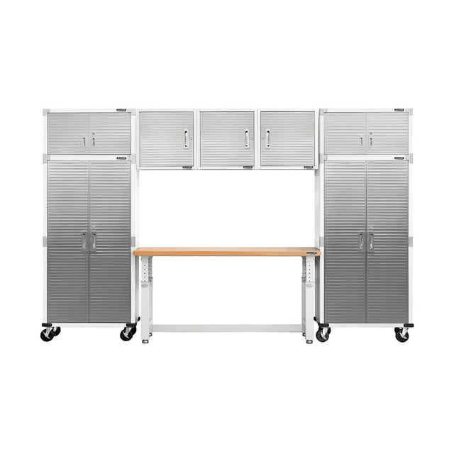 Seville Classics UltraHD 8-Piece Steel Garage Cabinet Storage Set With Height Adjustable Workbench, 12 Feet Wide Assorted Colors