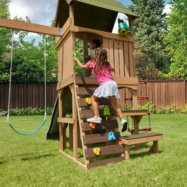 KidKraft Summerside Wooden Outdoor Swing Set with Steeple Climber