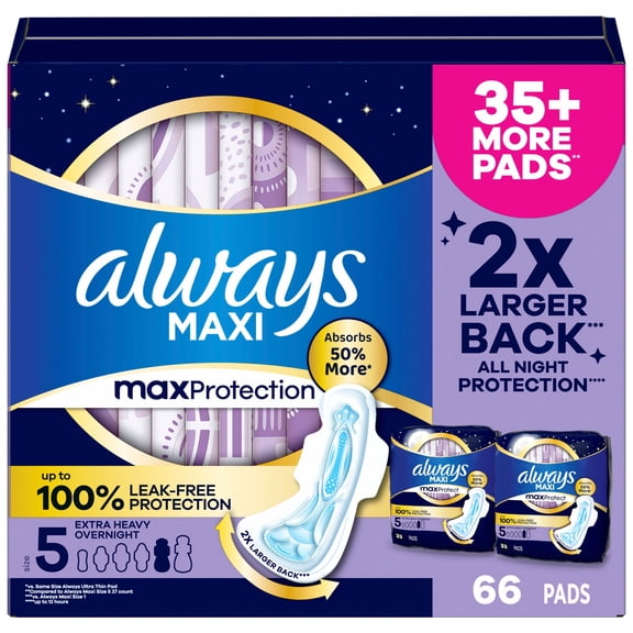 Always Maxi Overnight Pads with Wings, Size 5, 66 ct.