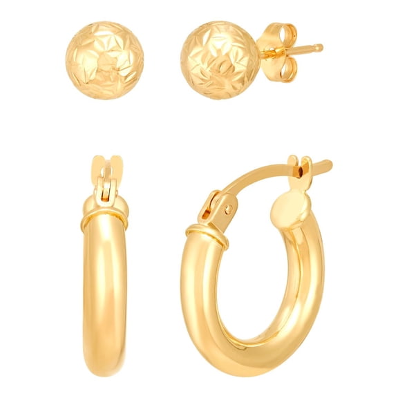 Diamond Cut Ball Stud  and Hoop Earring Set in 14K Gold