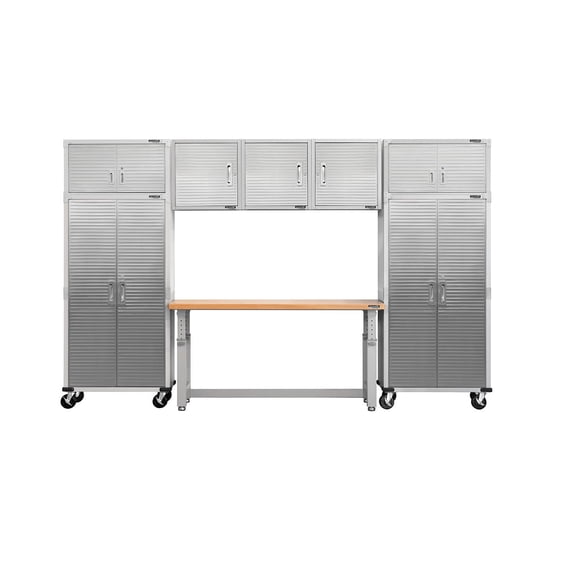 Seville Classics UltraHD 8-Piece Steel Garage Cabinet Storage Set With Height Adjustable Workbench, 12 Feet Wide Assorted Colors