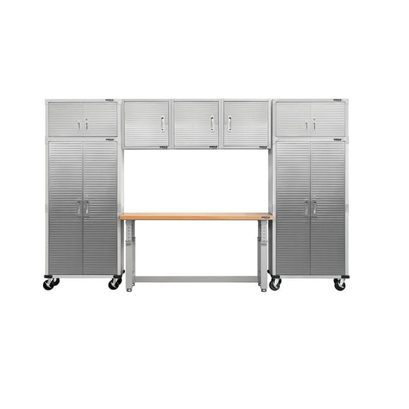 Seville Classics UltraHD 8-Piece Steel Garage Cabinet Storage Set With Height Adjustable Workbench, 12 Feet Wide Assorted Colors