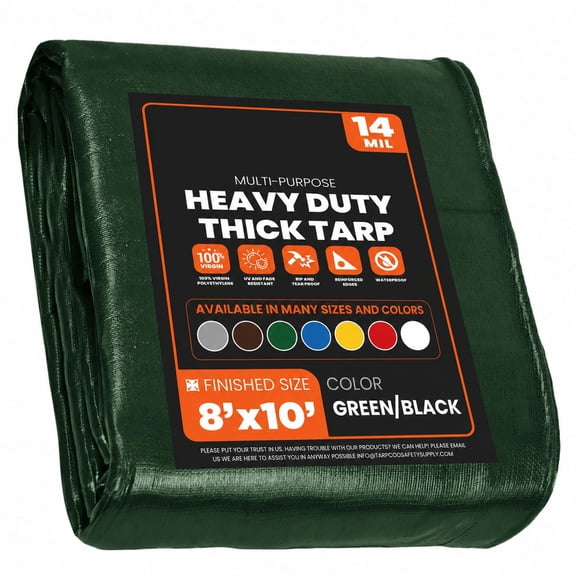 Heavy Duty 8' x 10' Tarp Cover, Waterproof, UV Resistant, Rip and Tear Proof, Poly Tarpaulin with Reinforced Edges for Roof, Camping, Patio, Pool, Boat, Assorted Mil & Colors