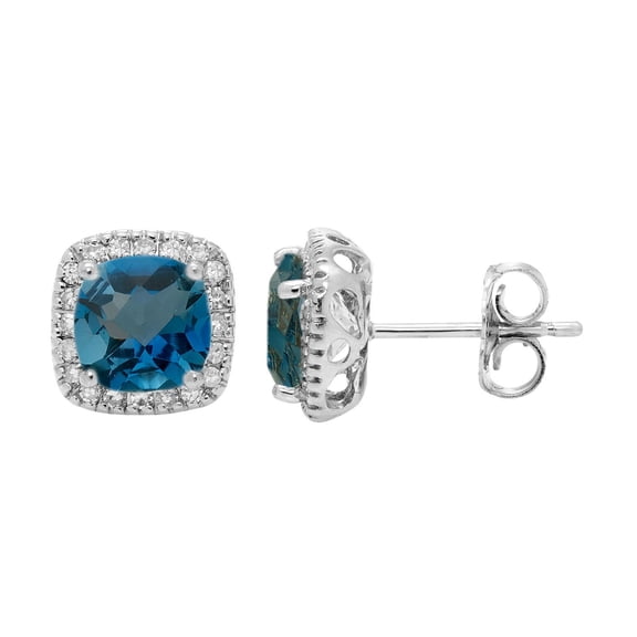 Cushion Cut Gemstone and 0.15 CT. T.W. Halo Diamond Stud Earrings in 14K Gold