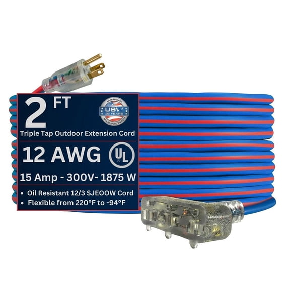 USW 12/3 Gauge Extreme Cold Weather SJEOOW Lighted Triple Tap Extension Cords – Heavy-Duty, 221°F to - 94°F Rating ( 2', 25', 50', or 100' )