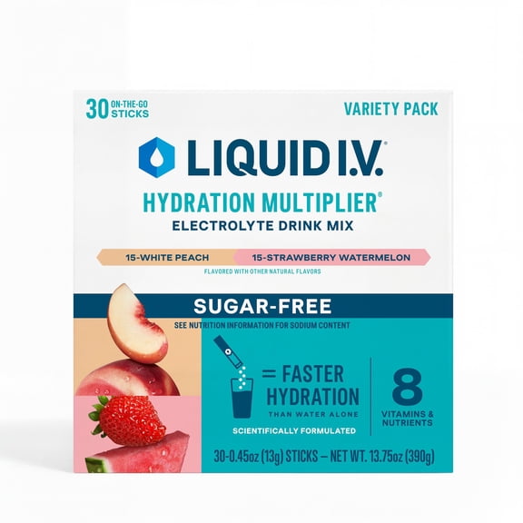 Liquid I.V. Hydration Multiplier Sugar-Free Electrolyte Powder Variety Pack, White Peach and Strawberry Watermelon, 30 pk.