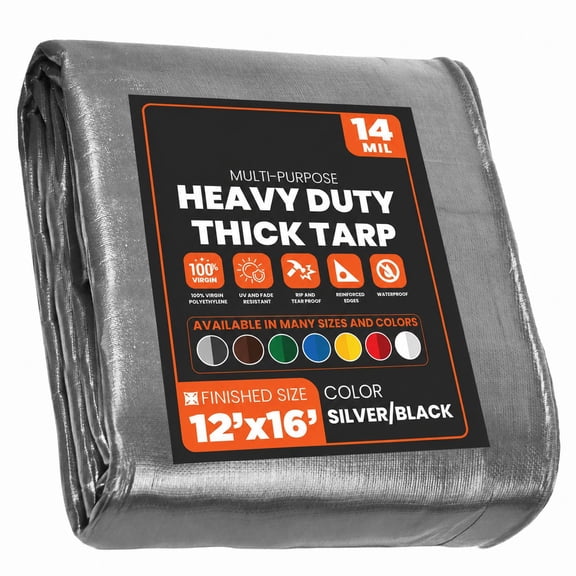 Heavy Duty 12' x 16' Tarp Cover, Waterproof, UV Resistant, Rip and Tear Proof, Poly Tarpaulin with Reinforced Edges for Roof, Camping, Patio, Pool, Boat, 14 Mil, Assorted Colors