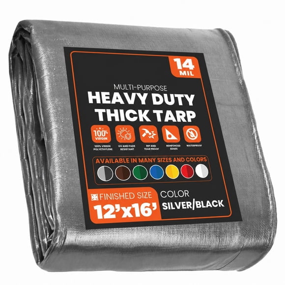 Heavy Duty 12' x 16' Tarp Cover, Waterproof, UV Resistant, Rip and Tear Proof, Poly Tarpaulin with Reinforced Edges for Roof, Camping, Patio, Pool, Boat, 14 Mil, Assorted Colors