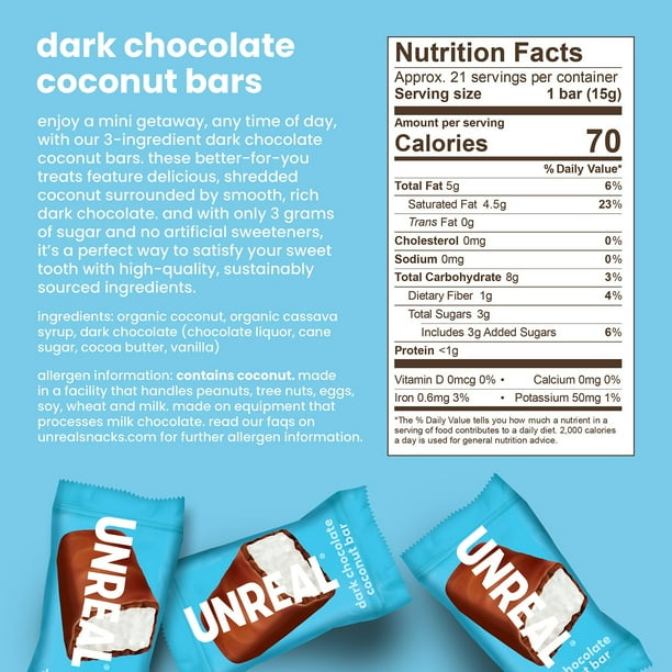 Unreal Dark Chocolate Coconut Bars - Vegan, Gluten Free, Fair Trade (Pack Of 12)