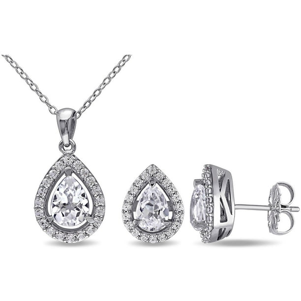 Gorgeous Sterling Silver Pear Blue Sapphire & Diamond Halo Pendant For Women - 18 Inch Chain Included