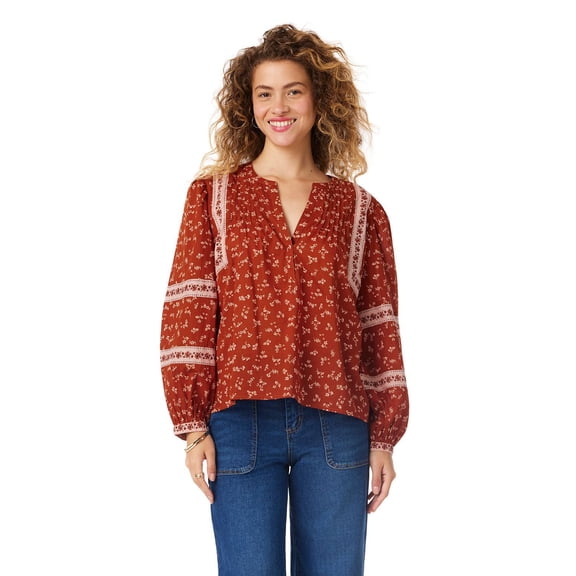 BILA Women's Printed Pintuck Long Sleeve Cotton Top