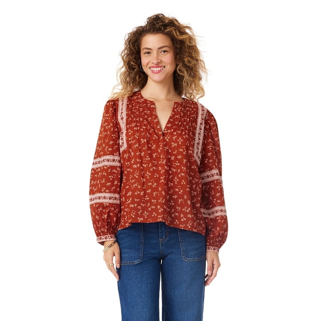 BILA Women's Printed Pintuck Long Sleeve Cotton Top