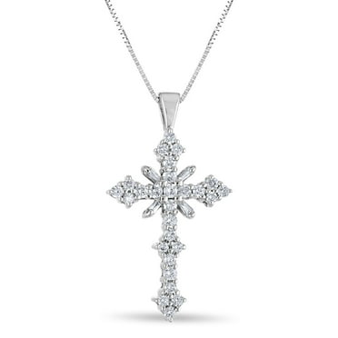 Baguette and Round Cut Diamond Cross Pendant Necklace in 14K Gold