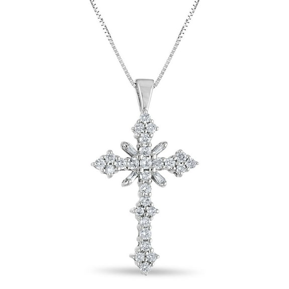 Baguette and Round Cut Diamond Cross Pendant Necklace in 14K Gold