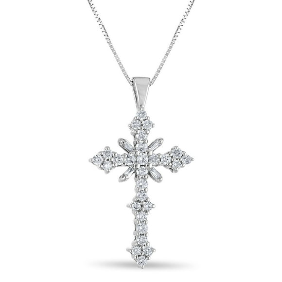 Baguette and Round Cut Diamond Cross Pendant Necklace in 14K Gold