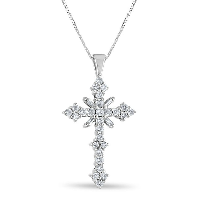 Baguette and Round Cut Diamond Cross Pendant Necklace in 14K Gold