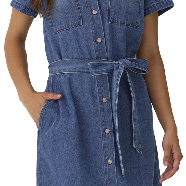 mini dress with straps Medium Wash Denim Elastic Strap Tiered Mini Dress