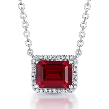 Emerald Cut Lab Created Gemstone & 0.08 CT. T.W. Diamond Necklace in Sterling Silver